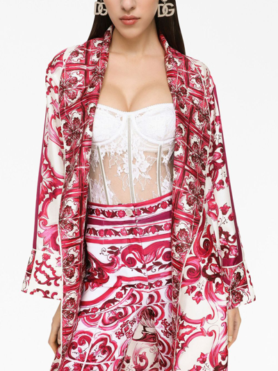 Dolce & Gabbana Twill Wrap Coat With Belt And Majolica Print In Pink