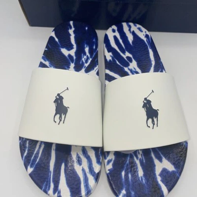 Pre-owned Polo Ralph Lauren Signature Pony Men's Slides White/navy Tie Dye Size 11d - In White Tie Dye