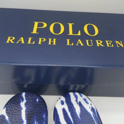 Pre-owned Polo Ralph Lauren Signature Pony Men's Slides White/navy Tie Dye Size 11d - In White Tie Dye