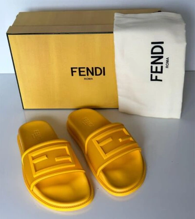 Pre-owned Fendi $470  Men's Ff Rubber Slide Sandals Yellow 10 Us/9 Uk Italy 7x1522