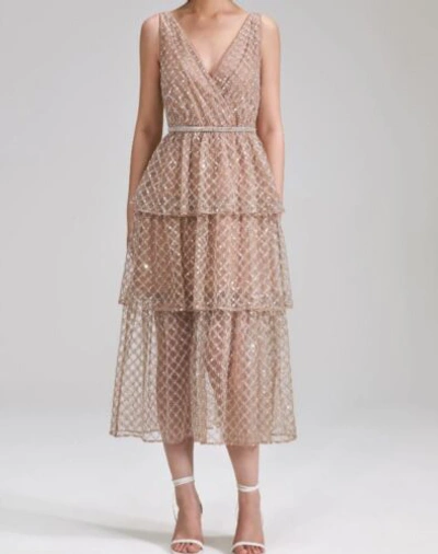 Pre-owned Self-portrait Tan Grid Sequin Tiered Dress Uk4,6,8,10,12 Auth 100% Pls Ask Size In Brown