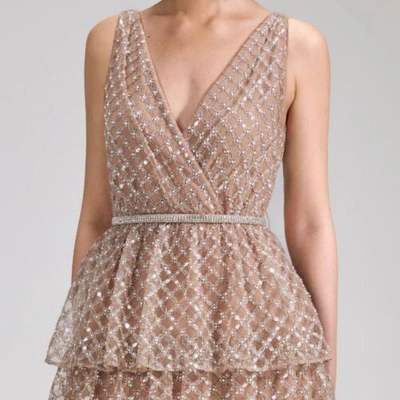 Pre-owned Self-portrait Tan Grid Sequin Tiered Dress Uk4,6,8,10,12 Auth 100% Pls Ask Size In Brown