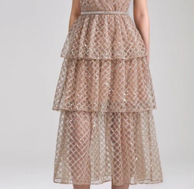 Pre-owned Self-portrait Tan Grid Sequin Tiered Dress Uk4,6,8,10,12 Auth 100% Pls Ask Size In Brown