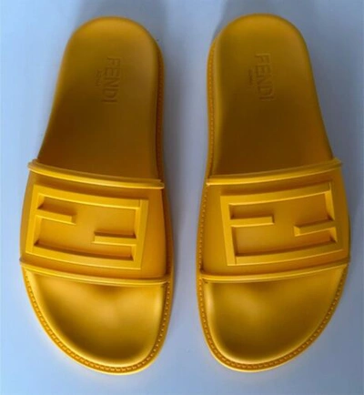 Pre-owned Fendi $470  Men's Ff Rubber Slide Sandals Yellow 10 Us/9 Uk Italy 7x1522