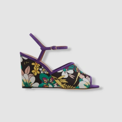 Pre-owned La Doublej $760  Women's Purple Floral Ankle-strap Wedge Sandals Shoes Size 38/8