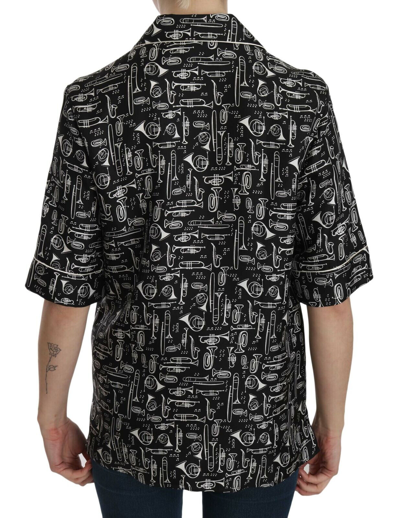 Pre-owned Dolce & Gabbana Blouse Black Musical Instrument Print Silk Top It42/us8/m $980
