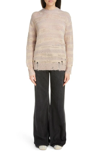 Shop Acne Studios Karita Distressed Stripe Open Stitch Cotton, Mohair & Wool Blend Sweater In Warm Beige/ Champagne Beige