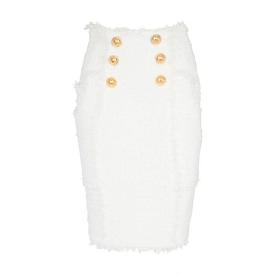 Shop Balmain Tweed Pencil Skirt In White