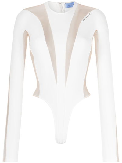 Shop Mugler White Illusion Sheer Panelled Bodysuit