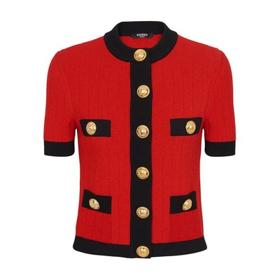 Shop Balmain Knitted Cardigan With Buttons In Red