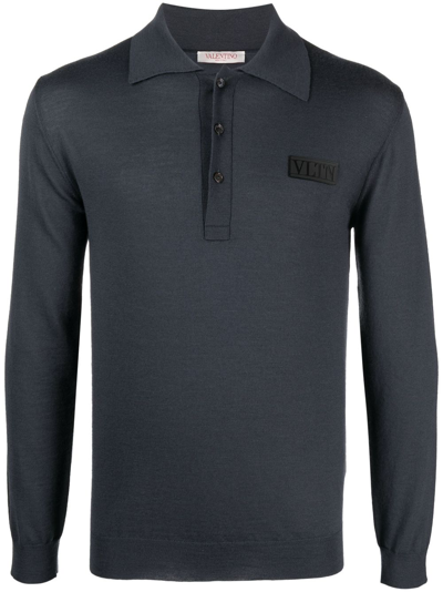 Shop Valentino Long-sleeve Virgin Wool Polo Shirt In Grey