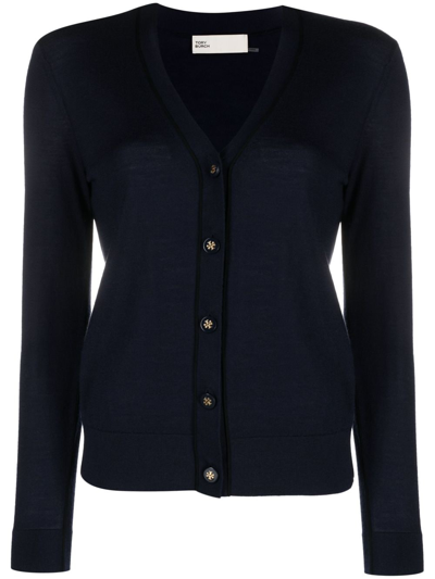 Shop Tory Burch Logo-embossed Buttons V-neck Cardigan In Blue
