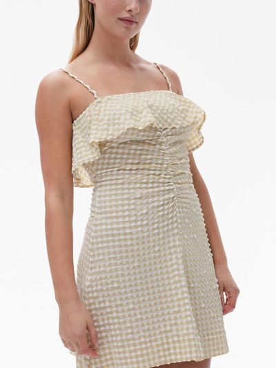 Ganni Gingham Check-print Ruffled Minidress In Neutrals