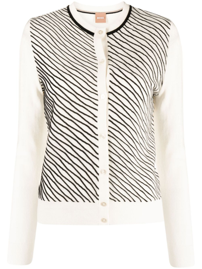 Shop Hugo Boss Piped-stripes Crew Neck Cardigan In White