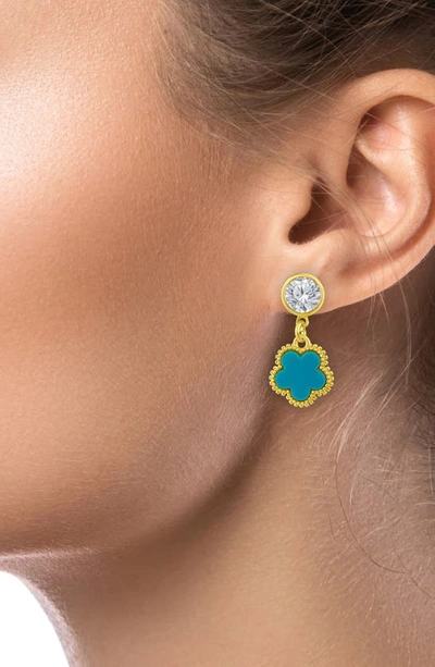 Shop Cz By Kenneth Jay Lane Cubic Zirconia Clover Drop Earrings In Turquoise/ Gold