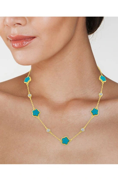 Shop Cz By Kenneth Jay Lane Cubic Zirconia & Clover Station Necklace In Turquoise/ Gold
