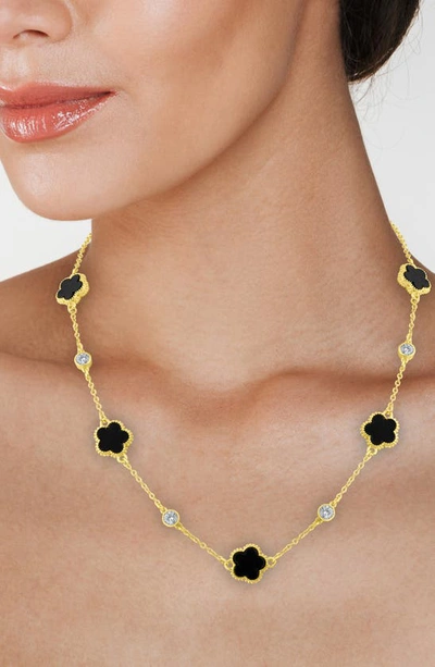 Shop Cz By Kenneth Jay Lane Cubic Zirconia & Black Clover Station Necklace In Black/ Gold