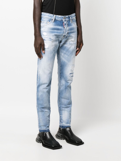 Dsquared2 Logo-patch Distressed Washed Jeans In Blau