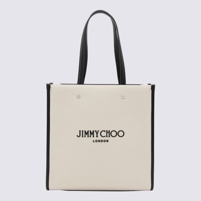 Shop Jimmy Choo White Canvas And Black Leather Tote Bag