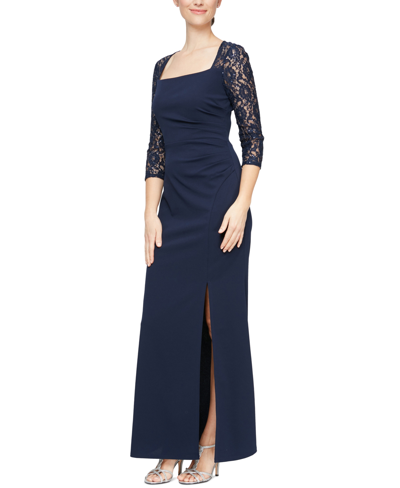 Shop Sl Fashions Petite Square-neck Lace-sleeve Dress In Navy