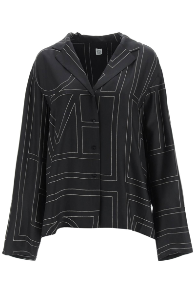 Shop Totême Monogram Silk Twill Pajama Shirt In Black