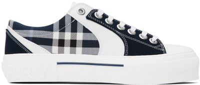 Shop Burberry White & Navy Check Sneakers In White/navy