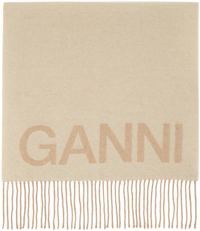 Shop Ganni Beige Fringe Logo Scarf In 135 Egret