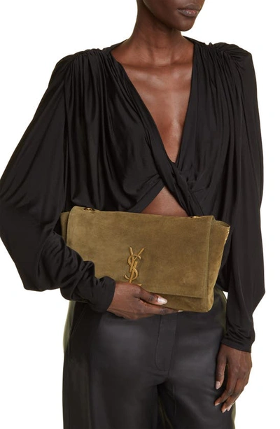 Shop Saint Laurent Kate Supple Reversible Leather Shoulder Bag In Loden Green