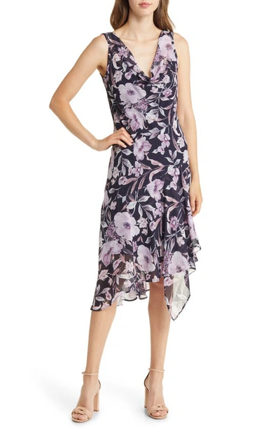 Shop Connected Apparel Floral Asymmetric Hem Chiffon Midi Dress In Lavender
