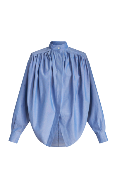 Shop Etro Oversized Pleated Cotton-oxford Top In Blue