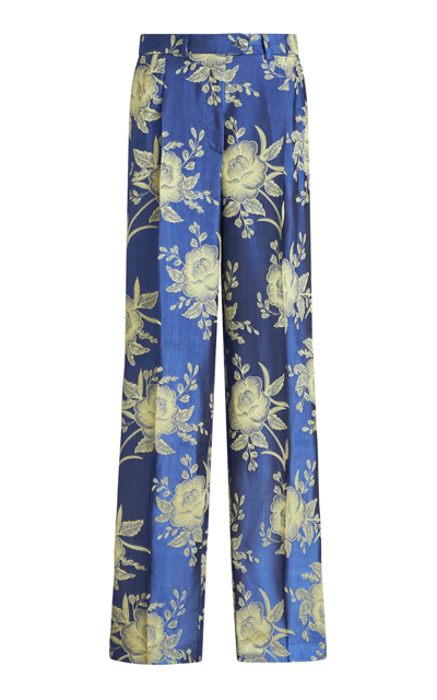 Shop Etro Floral-satin Straight-leg Trousers In Blue