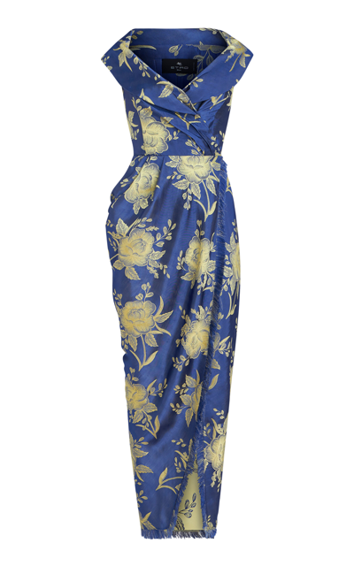 Shop Etro Off-the-shoulder Floral-satin Midi Wrap Dress In Blue