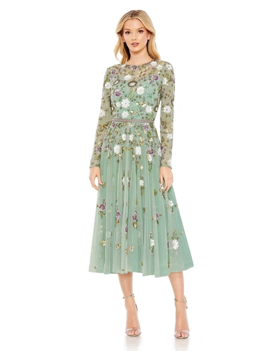 Shop Mac Duggal Sequined Floral Long Sleeve High Neck Midi Dress In Sage Multi