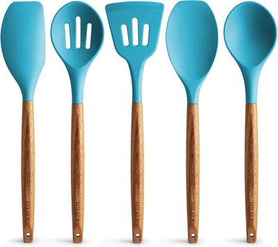 Shop Zulay Kitchen Non-stick Silicone Cooking Utensils Set With Authentic Acacia Wood Handles (5 Piece) In Blue