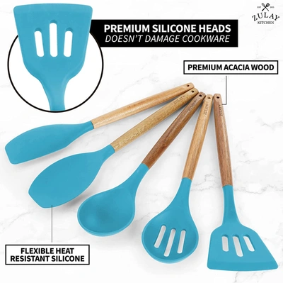 Shop Zulay Kitchen Non-stick Silicone Cooking Utensils Set With Authentic Acacia Wood Handles (5 Piece) In Blue