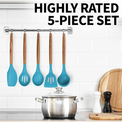 Shop Zulay Kitchen Non-stick Silicone Cooking Utensils Set With Authentic Acacia Wood Handles (5 Piece) In Blue