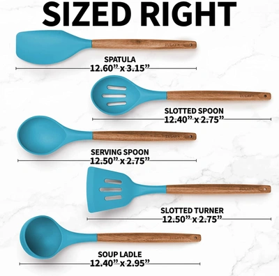 Shop Zulay Kitchen Non-stick Silicone Cooking Utensils Set With Authentic Acacia Wood Handles (5 Piece) In Blue