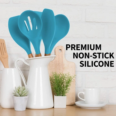 Shop Zulay Kitchen Non-stick Silicone Cooking Utensils Set With Authentic Acacia Wood Handles (5 Piece) In Blue