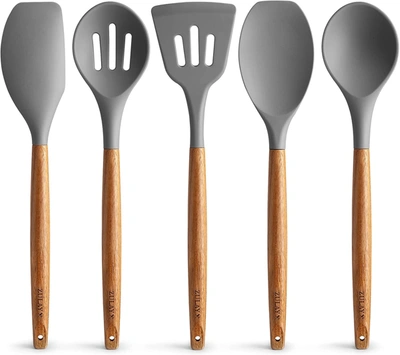 Zulay Kitchen 5 Piece Silicone Utensils Set With Authentic Acacia Wood Handles In Blue