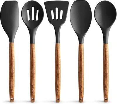 Zulay Kitchen 5 Piece Silicone Utensils Set With Authentic Acacia Wood Handles In Blue