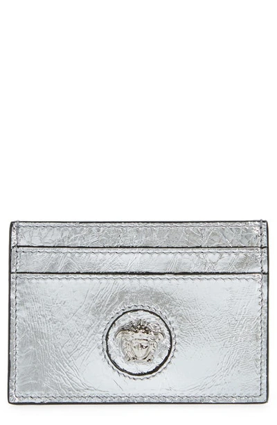 Shop Versace La Medusa Metallic Leather Card Case In Silver/ Palladium