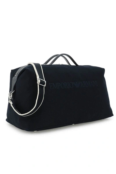 Shop Emporio Armani Cotton Canvas Duffle Bag In Blue