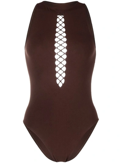 Shop Alaïa Alaia Corset Swimsuit In Brown