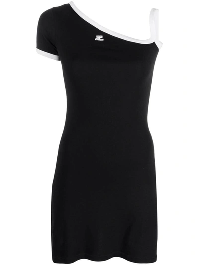 Shop Courrèges Courreges One-shoulder Cotton Short Dress In Black