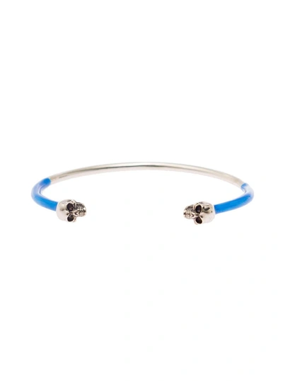 Shop Alexander Mcqueen Aged Silver And Blue Bangle Bracelet With Sull Details In Brass Man