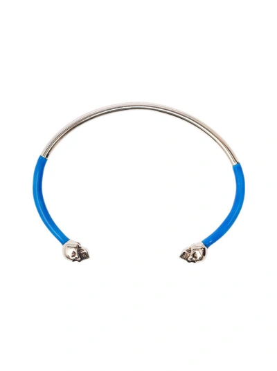 Shop Alexander Mcqueen Aged Silver And Blue Bangle Bracelet With Sull Details In Brass Man