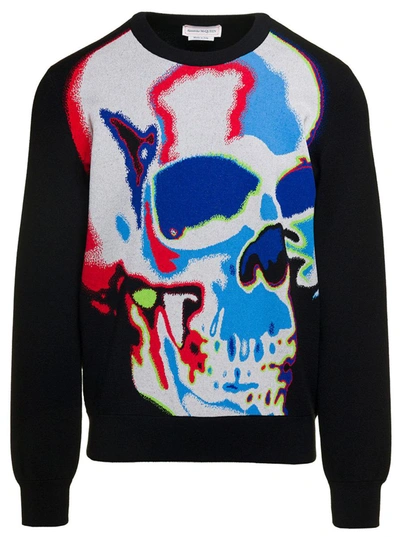 Shop Alexander Mcqueen Black Crewneck Sweatshirt With Multicolor Jacquard Skull In Wool Blend Man