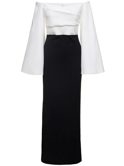 Shop Solace London Eliana Off-shoulder Maxi Dress In Black And White Satin In White/black