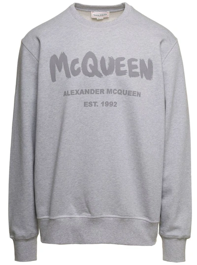 Shop Alexander Mcqueen Grey Sweatshirt With Contrasting Graffiti Logo Print In Cotton Man