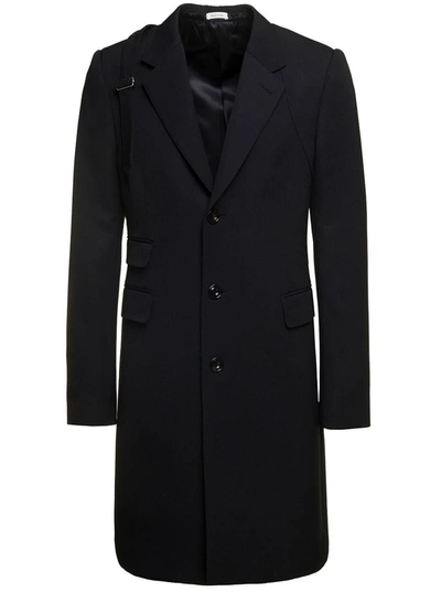 Shop Alexander Mcqueen Black Single-breasted Coat With Harness Detail In Wool Man